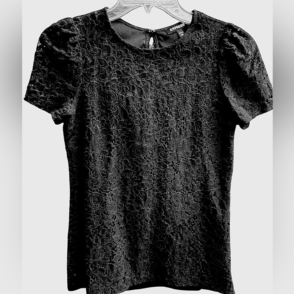 EXPRESS Ladies Black Lace Overlay Short Sleeve Blouse Size XS